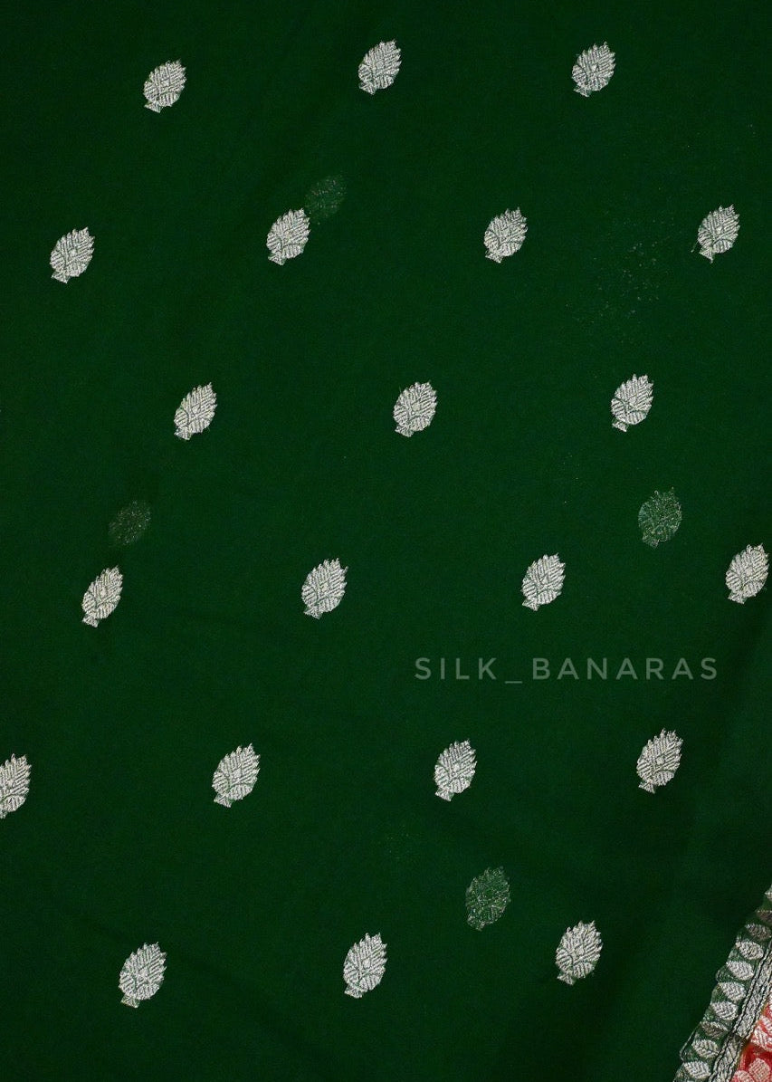 Handwoven Pure Khaddi Chiffon Saree in Bottle Green and Red