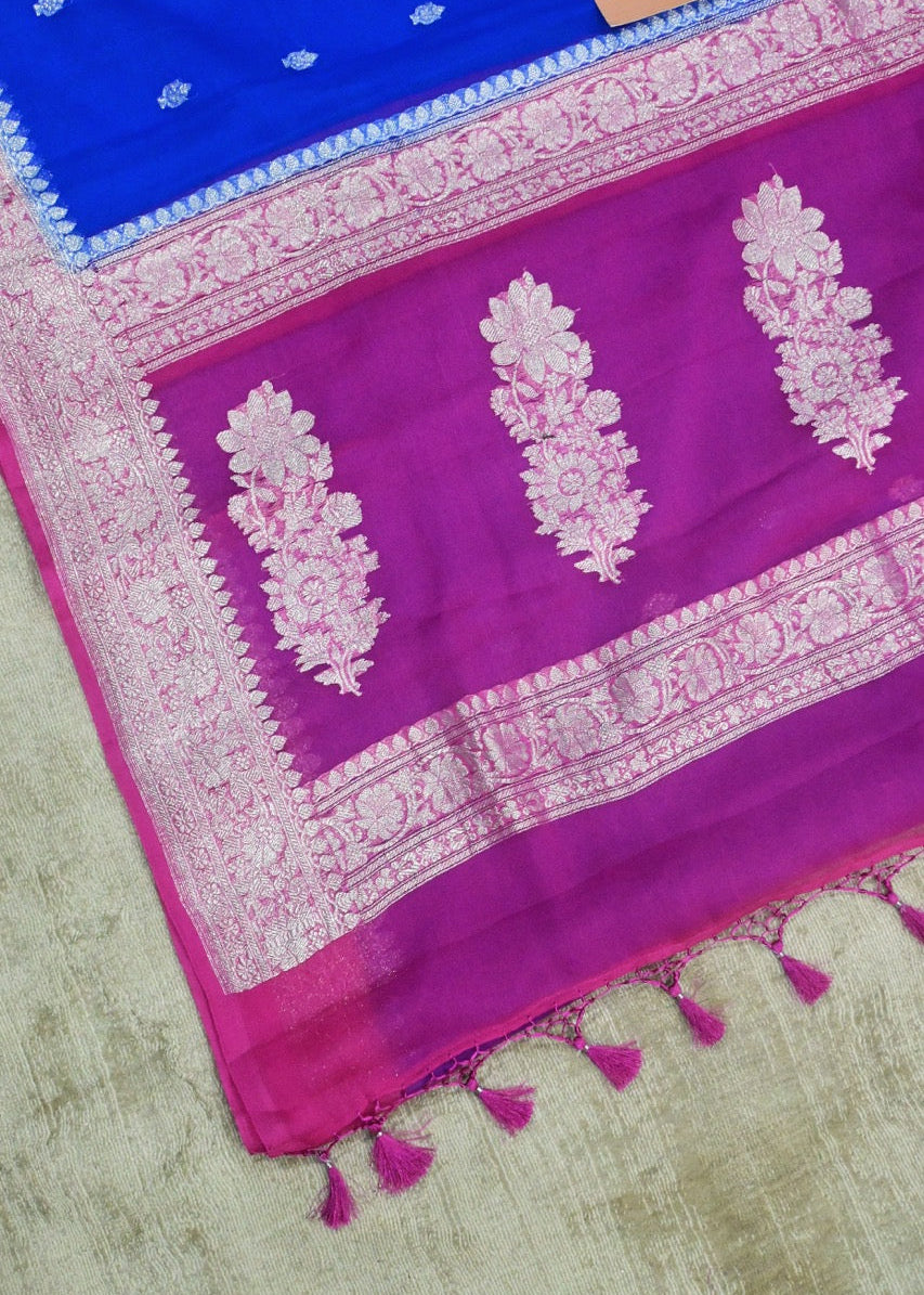 Royal Blue and Pink Handwoven Pure Khaddi Chiffon Saree