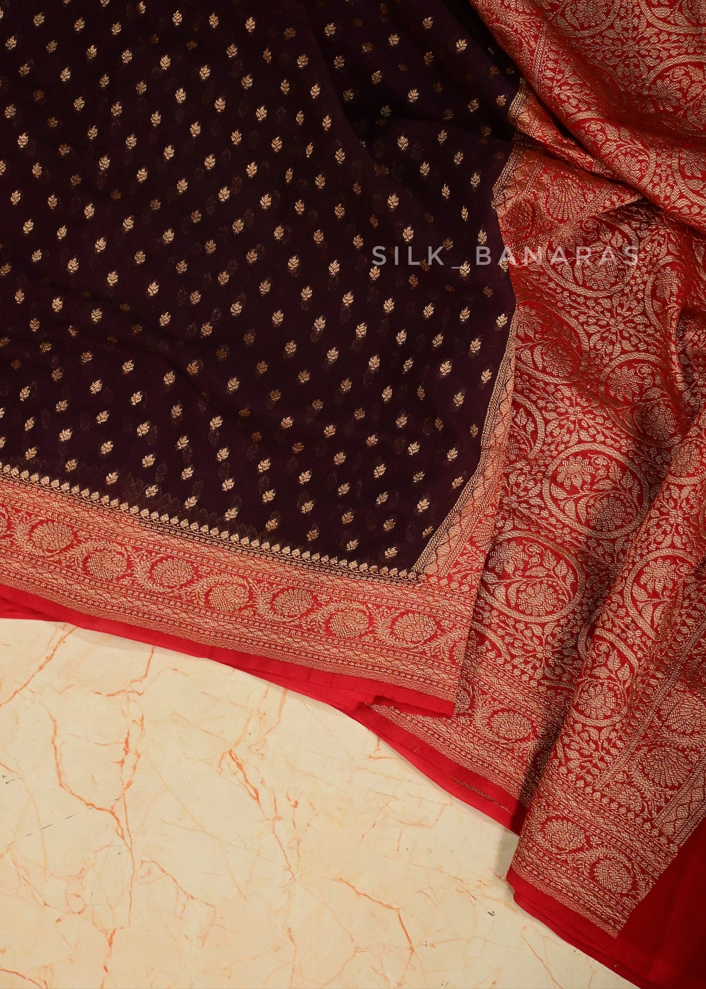 Banarasi Georgette Saree in Dark Brown and Red Shade