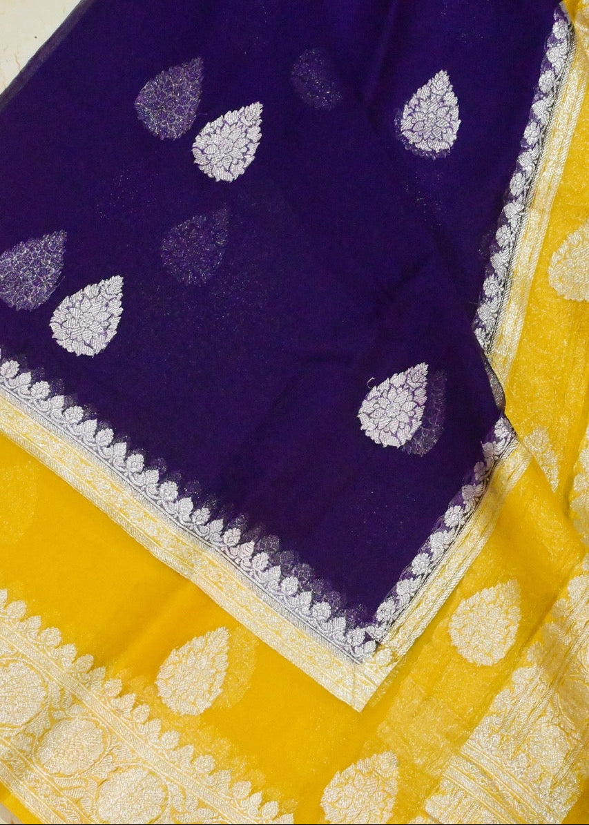 Handwoven Chiffon Saree in Purple and Yellow Shade