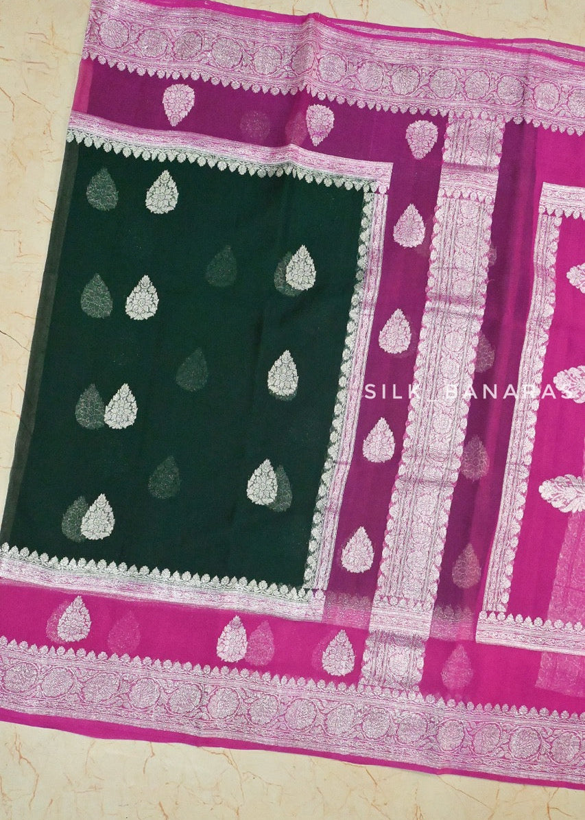 Handwoven Georgette in Bottle Green and Pink Shade