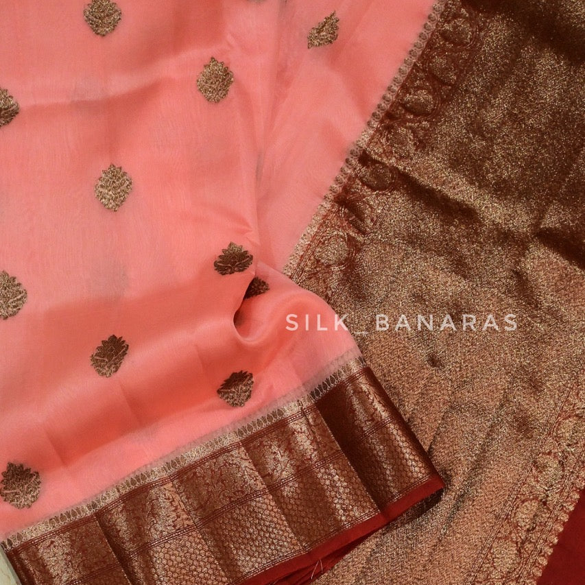 Handwoven Blush pink Banarasi Organza Silk Saree