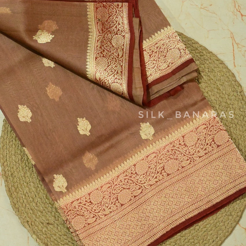 Handwoven Brown Banarasi Organza Silk Saree