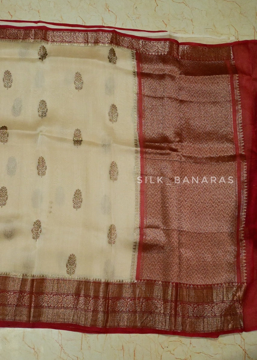 Handwoven Pure Organza Silk Saree in Off White with Red Shade