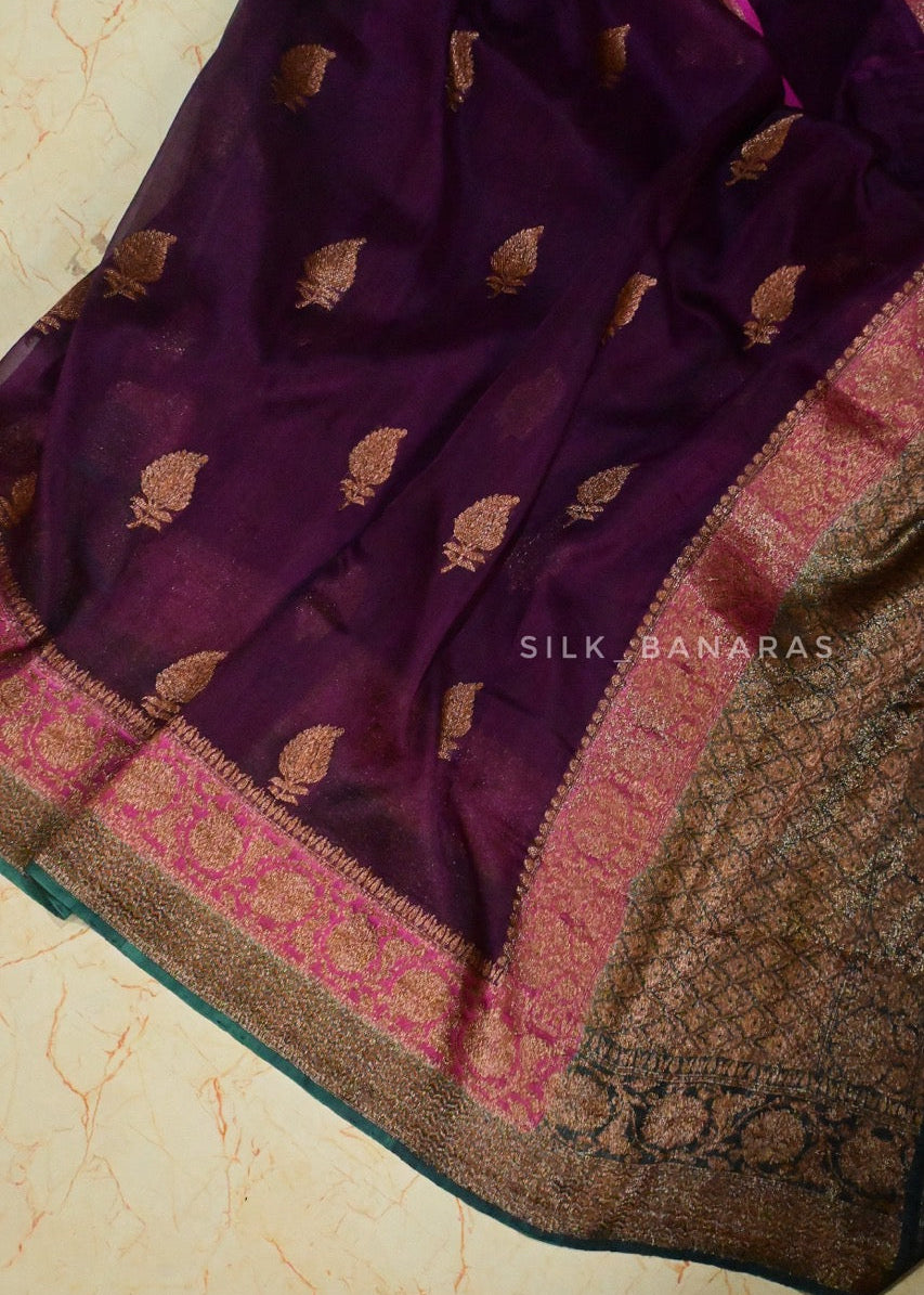 Handloom Organza Purple Triple Shade Saree