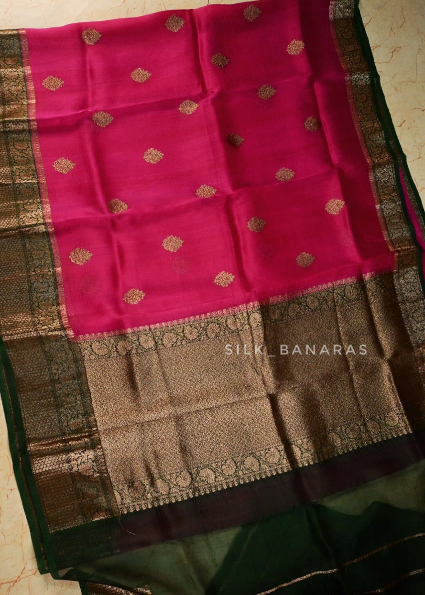 Handloom Pure Organza Silk Saree in Pink and Bottle Green Shade