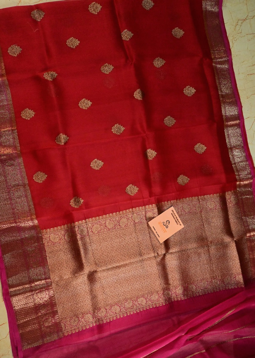 Handloom Pure Organza Silk Saree in Red with Pink Shade