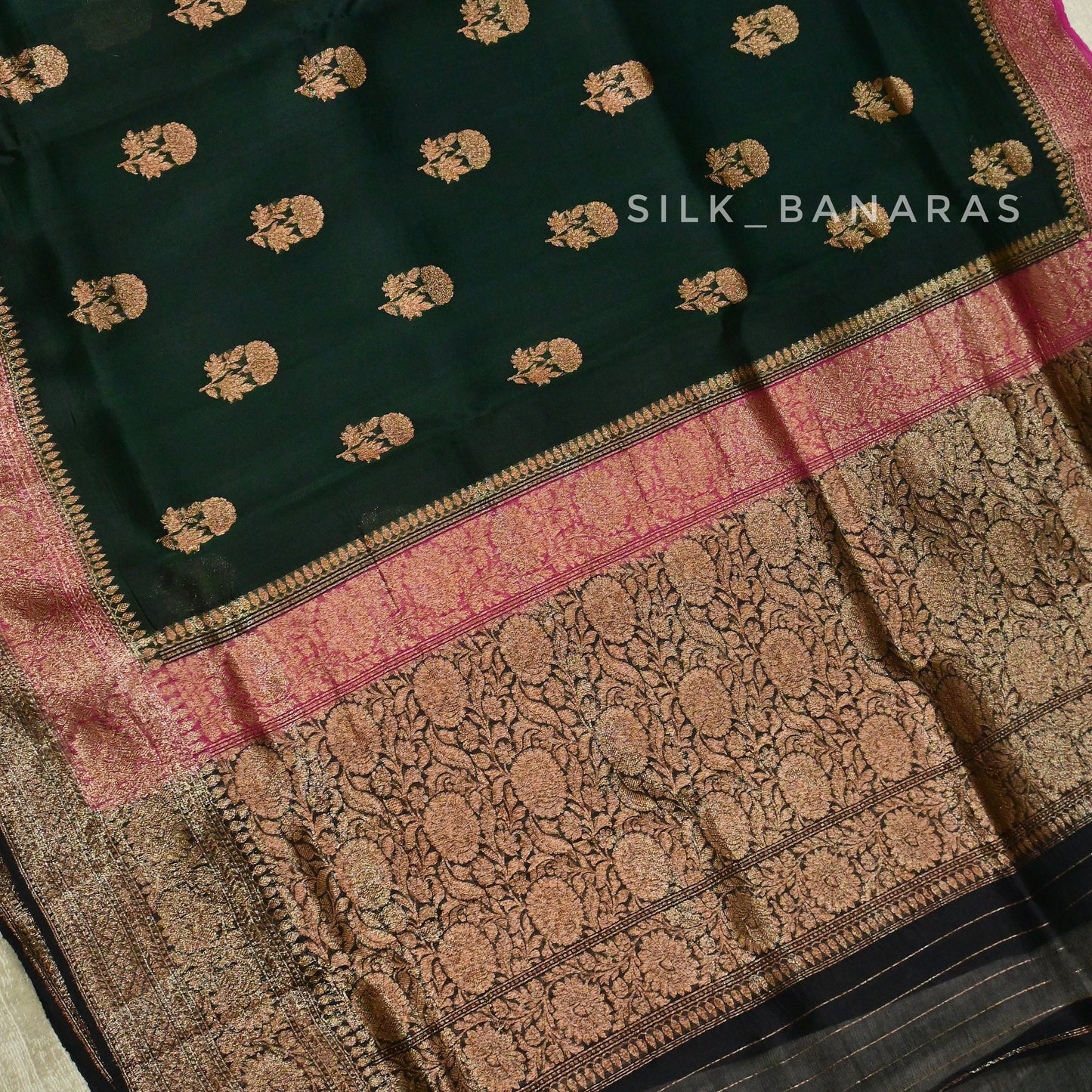 Handwoven Dark Green Banarasi Kora Silk Saree