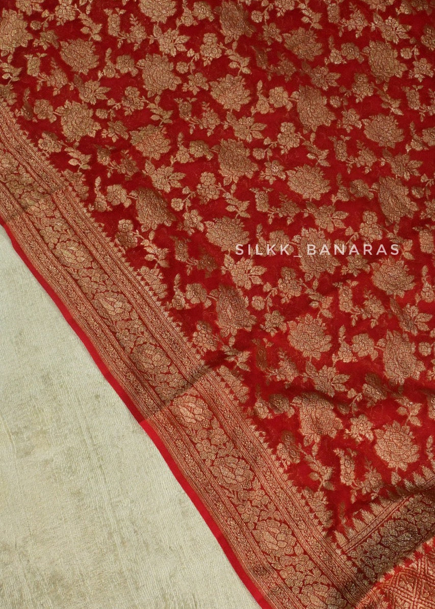 Red Floral Antique Zari Saree