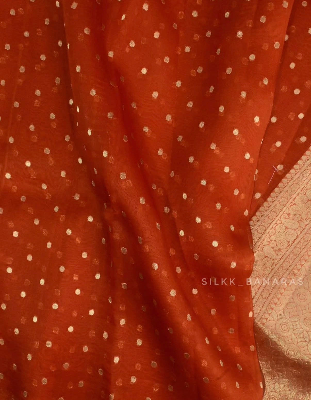 Rust Handloom Pure Kora Organza Banarasi Saree with Zari Buti
