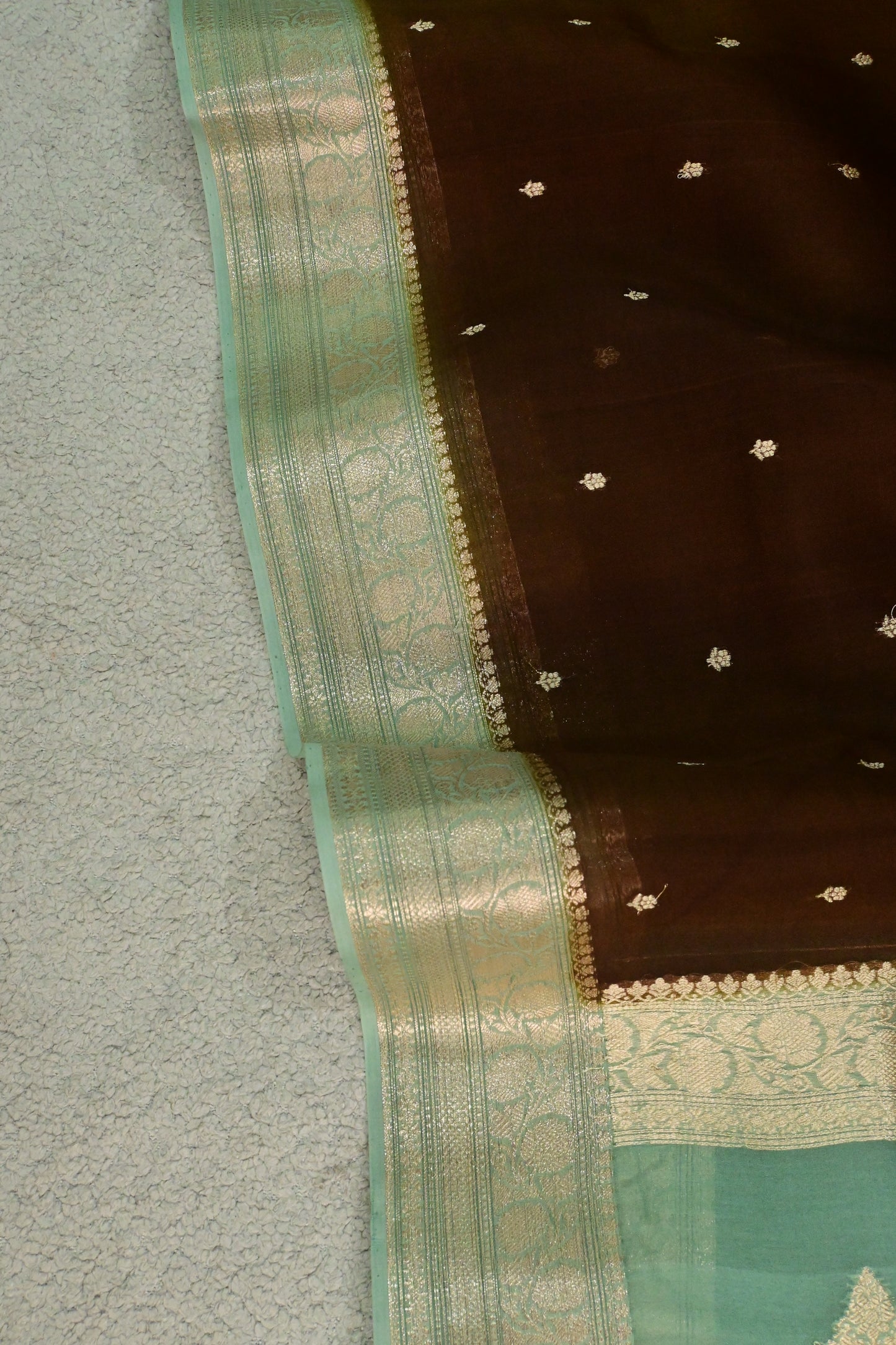 Chocolate Brown & Mint Green Handwoven Pure Kora Organza Silk Saree