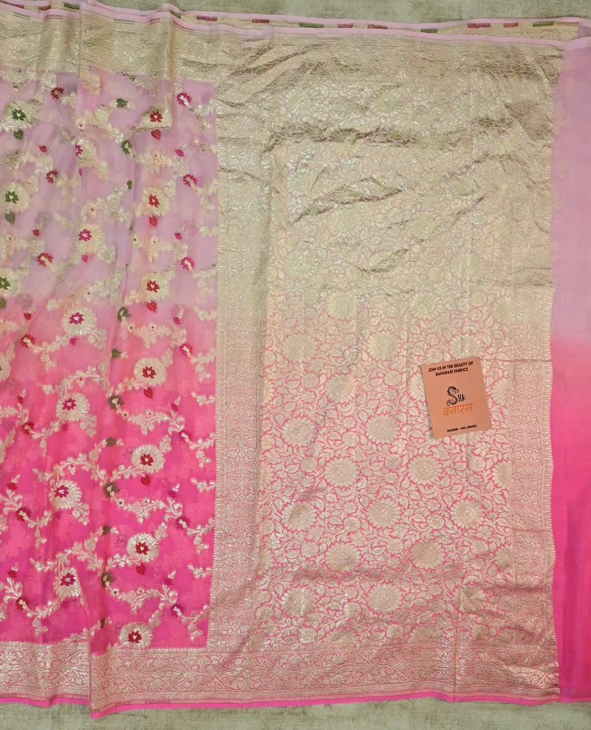 Handwoven Pure Khaddi Georgette Banarasi Saree in Ombre Pink with Zari Minakari Jaal Work