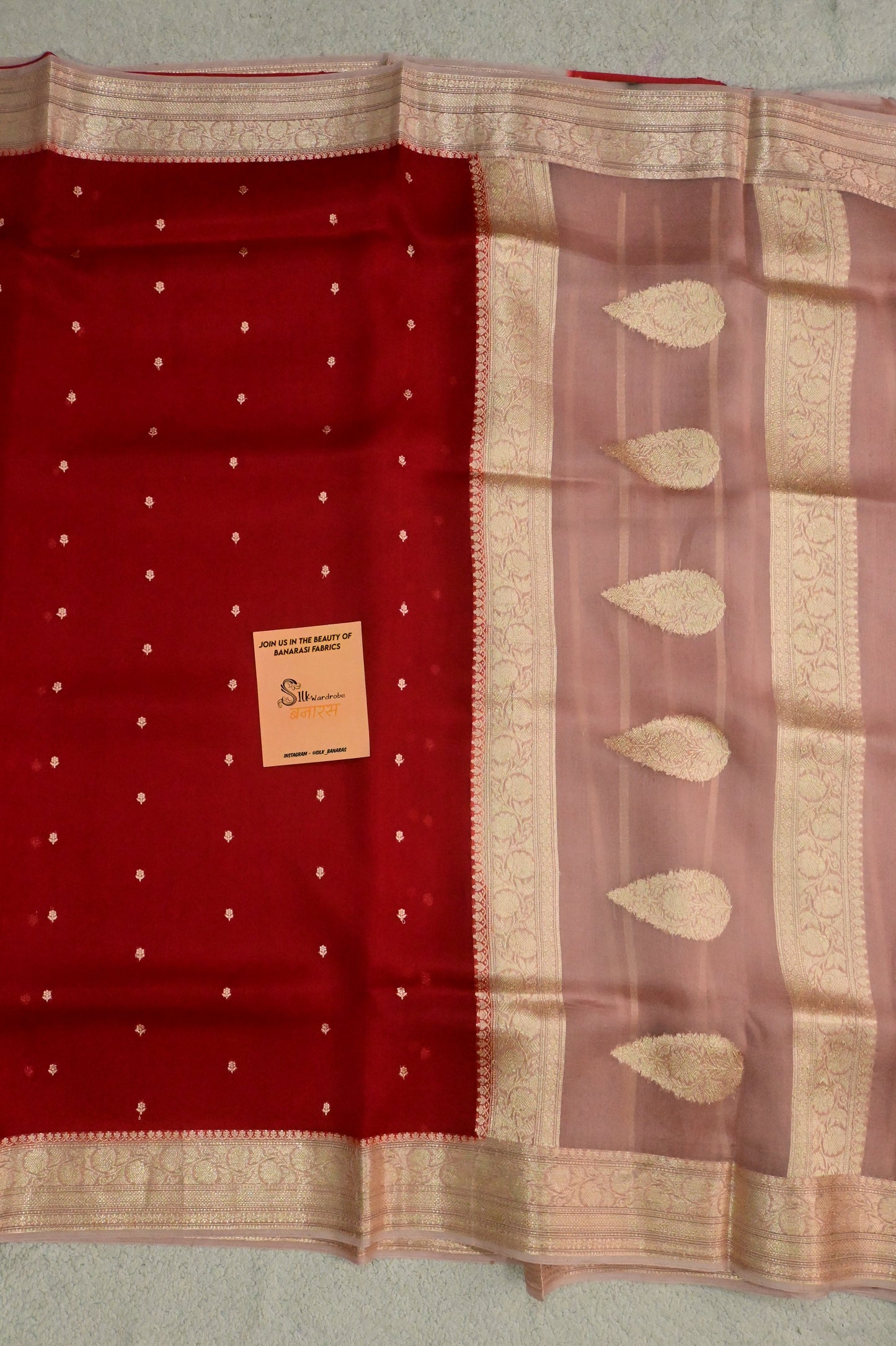 Pure Kora Silk Saree in Crimson Red with Gold Zari Work