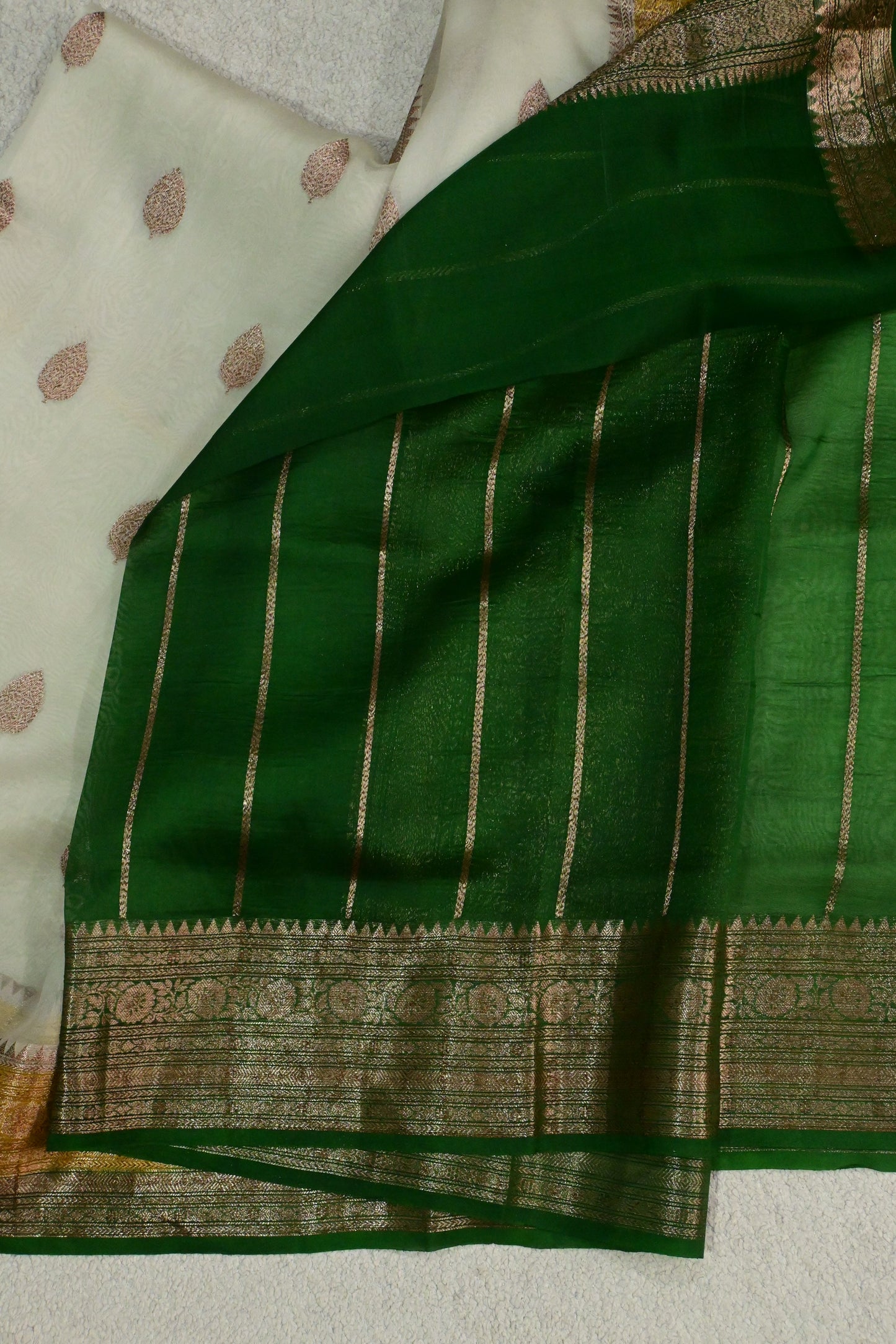 Classic Off-White Pure Organza Silk Saree with Golden-Green Antique Zari Borders