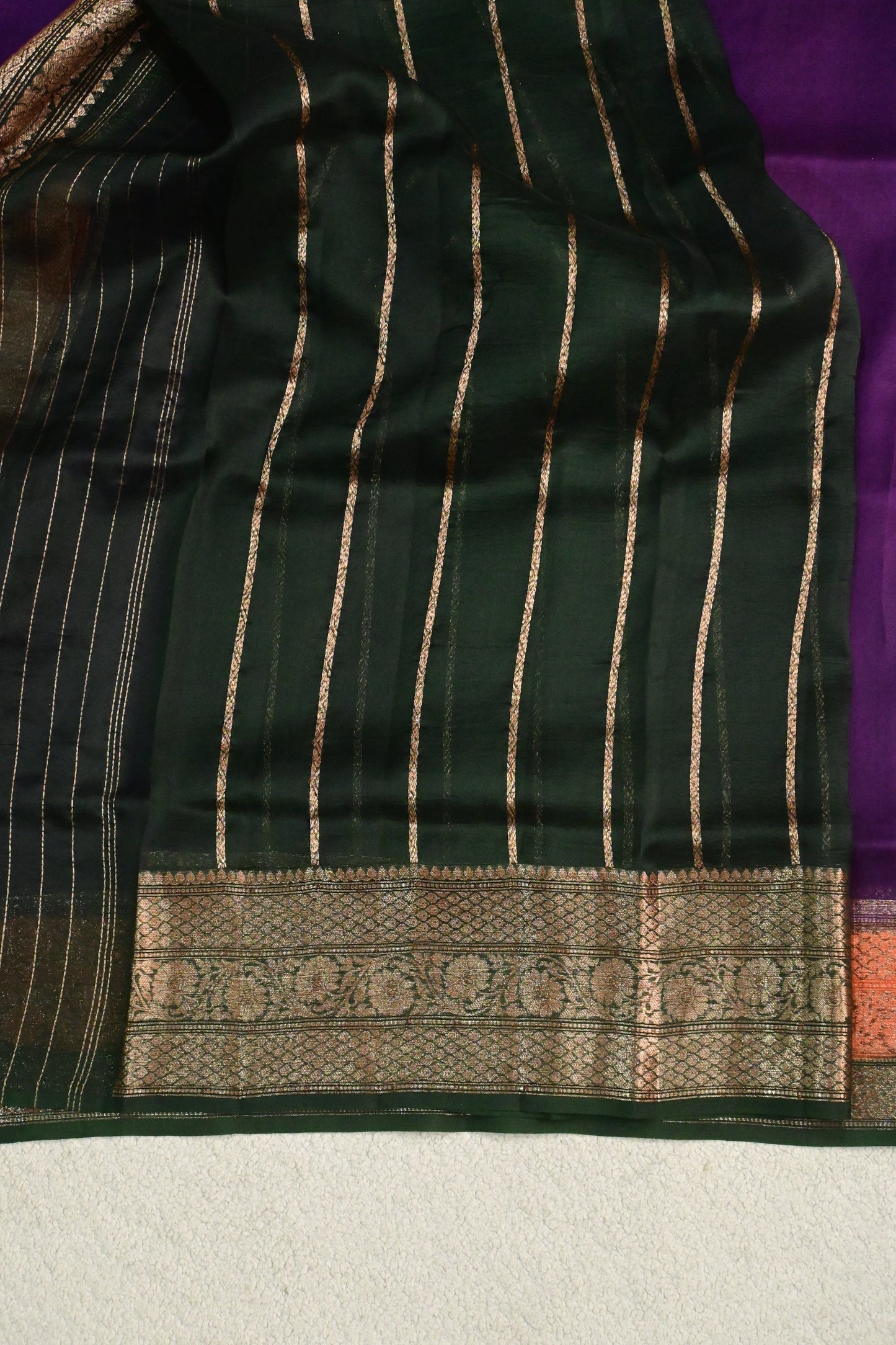 Royal Purple Pure Kora Silk Saree with Antique Zari Weave & Contrast Border
