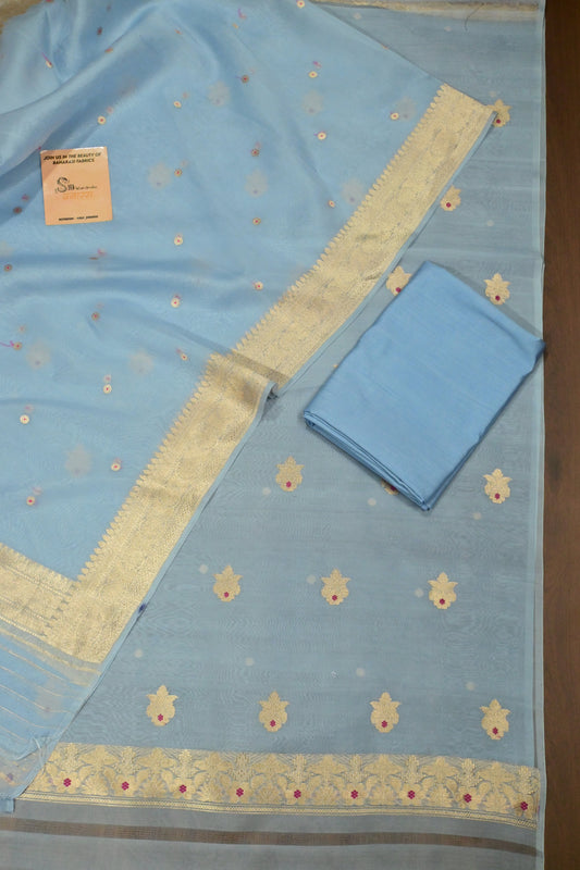 Handloom Pure Kora Silk Suit Set with Banarasi Zari Weave & Meenakari Highlights