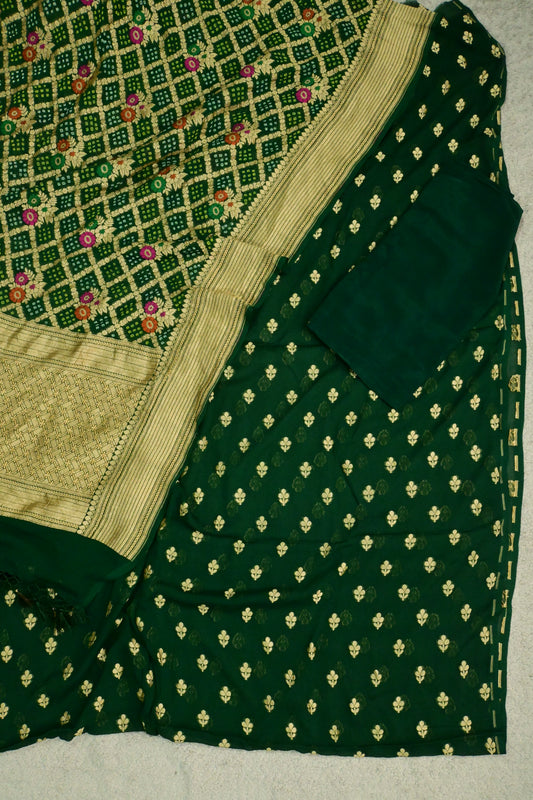 Handwoven Pure Khaddi Georgette Suit Set with Bandhani & Banarasi Minakari Dupatta – Emerald Green
