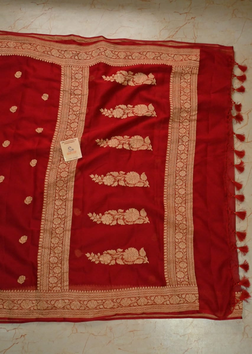 Handwoven Red Gold Nim Zari Saree