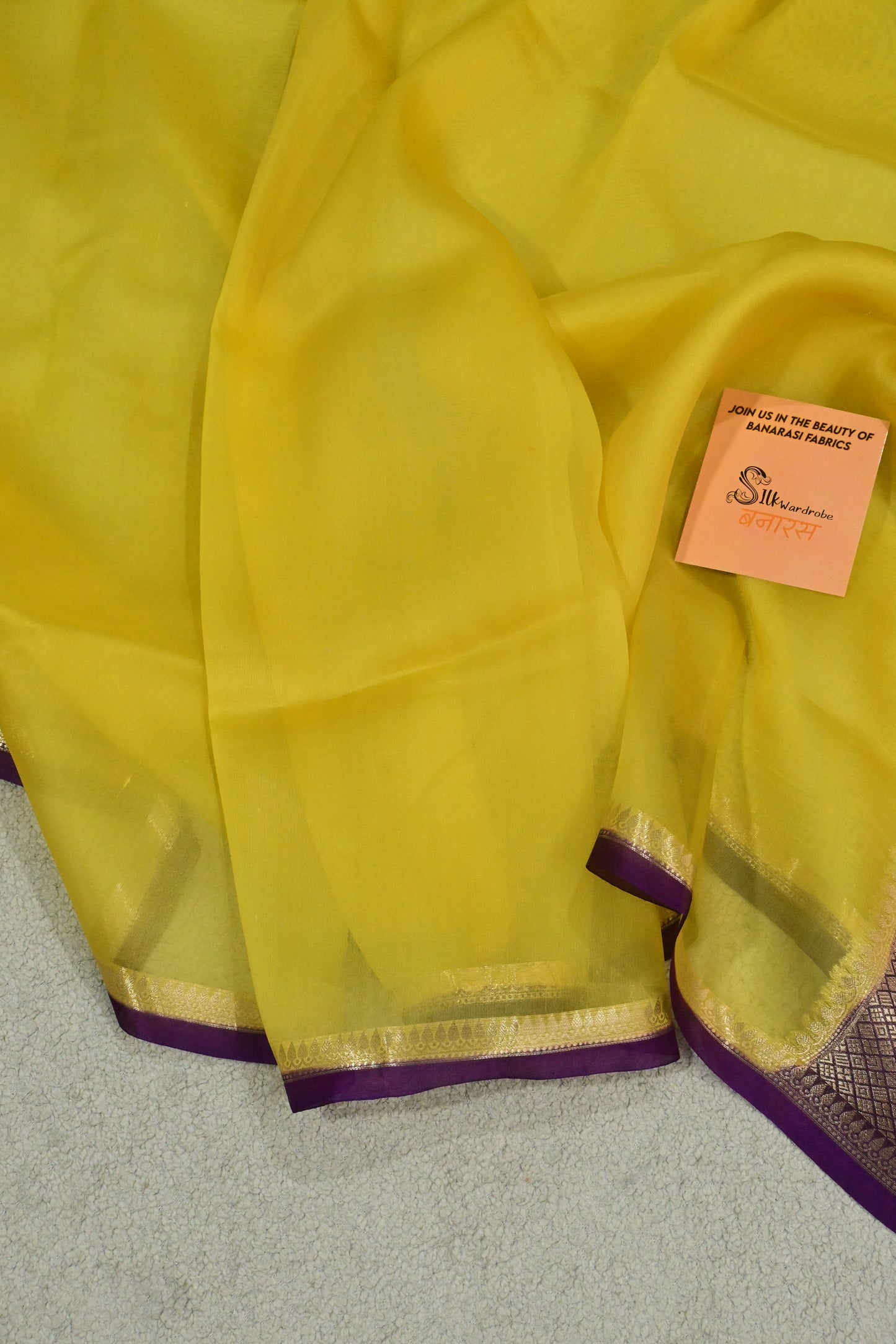 Handwoven pure Kora organza saree in contrast yellow with purple edge