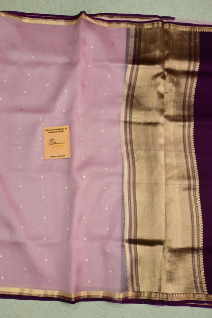 Light pastel Pure Handwoven Kora Silk Banarasi Saree with Deep Purple Gold Zari Border