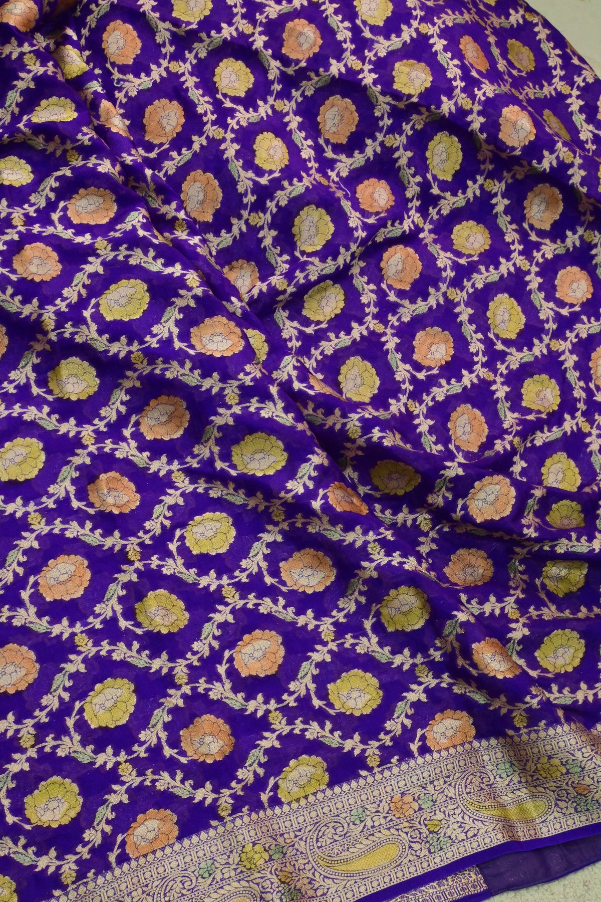 Purple Chiffon Banarasi Saree with Intricate Zari Jaal & Floral Motifs