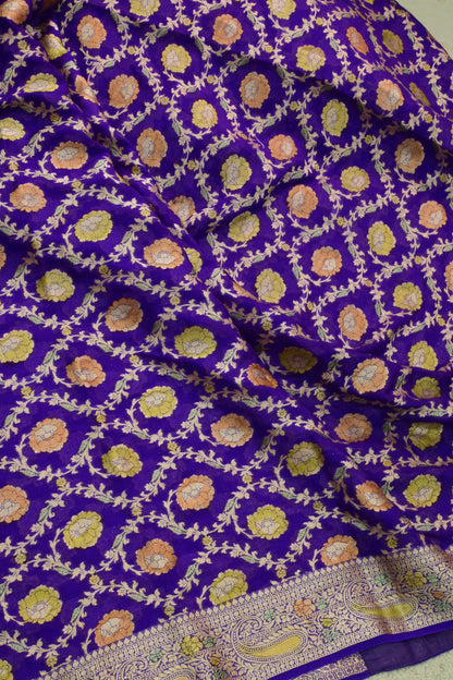 Purple Chiffon Banarasi Saree with Intricate Zari Jaal & Floral Motifs