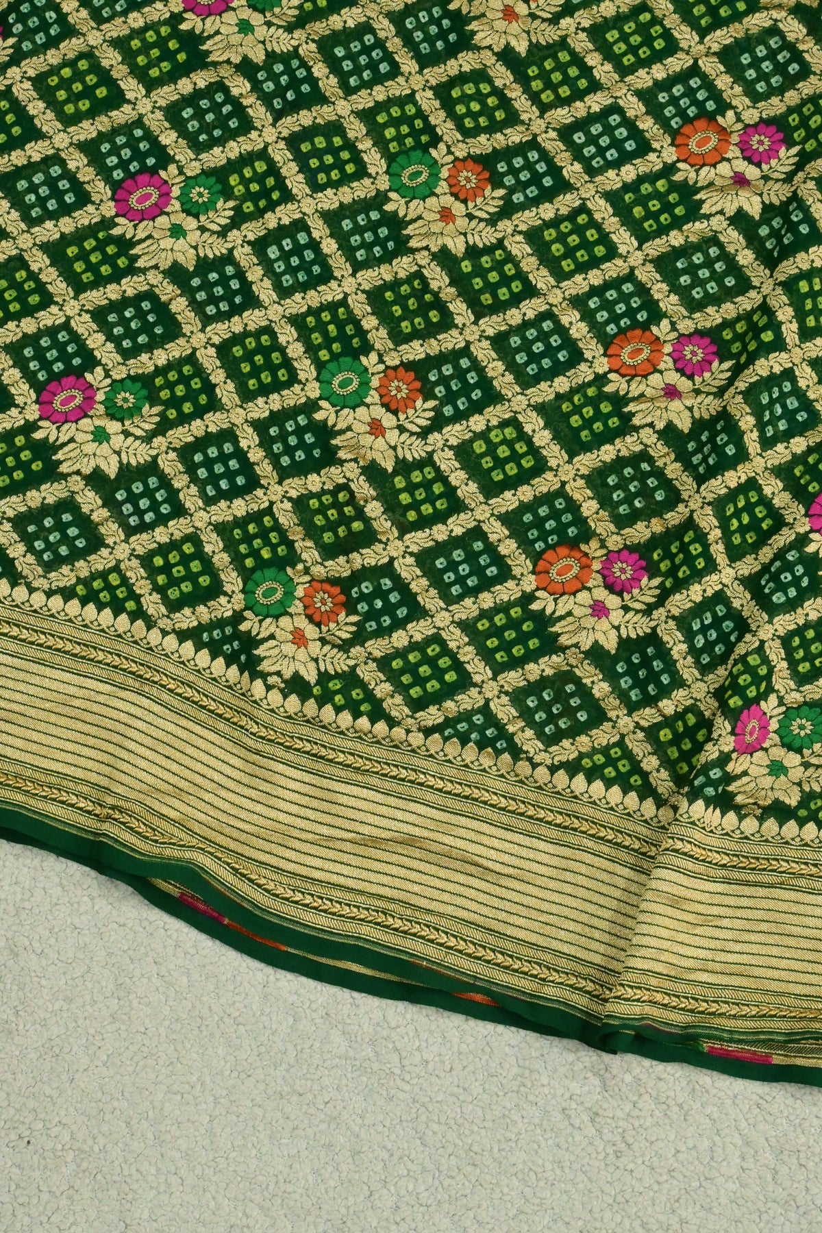 Handwoven Pure Khaddi Georgette Suit Set with Bandhani & Banarasi Minakari Dupatta – Emerald Green