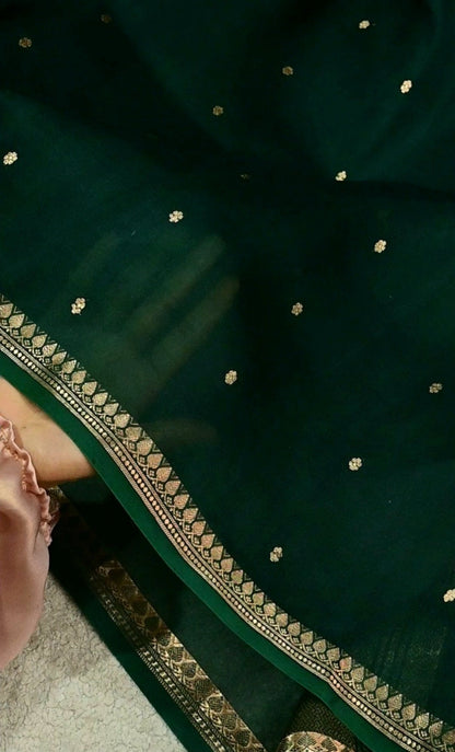 Beautiful Bottle Green Handwoven Kora organza Silk Saree