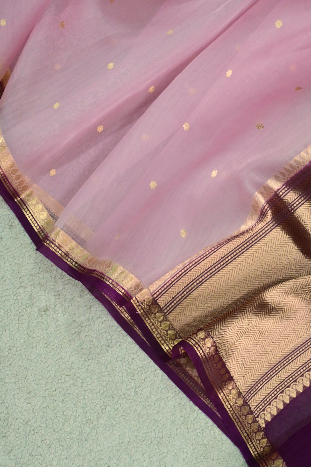 Light pastel Pure Handwoven Kora Silk Banarasi Saree with Deep Purple Gold Zari Border