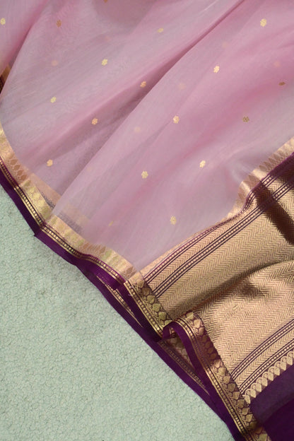 Light pastel Pure Handwoven Kora Silk Banarasi Saree with Deep Purple Gold Zari Border