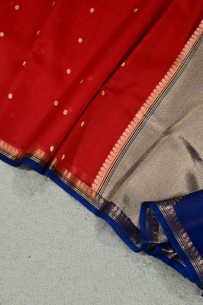 Handwoven Pure Kora Silk Banarasi Saree in Crimson Red with Royal Blue Pallu & Gold Zari Weaving