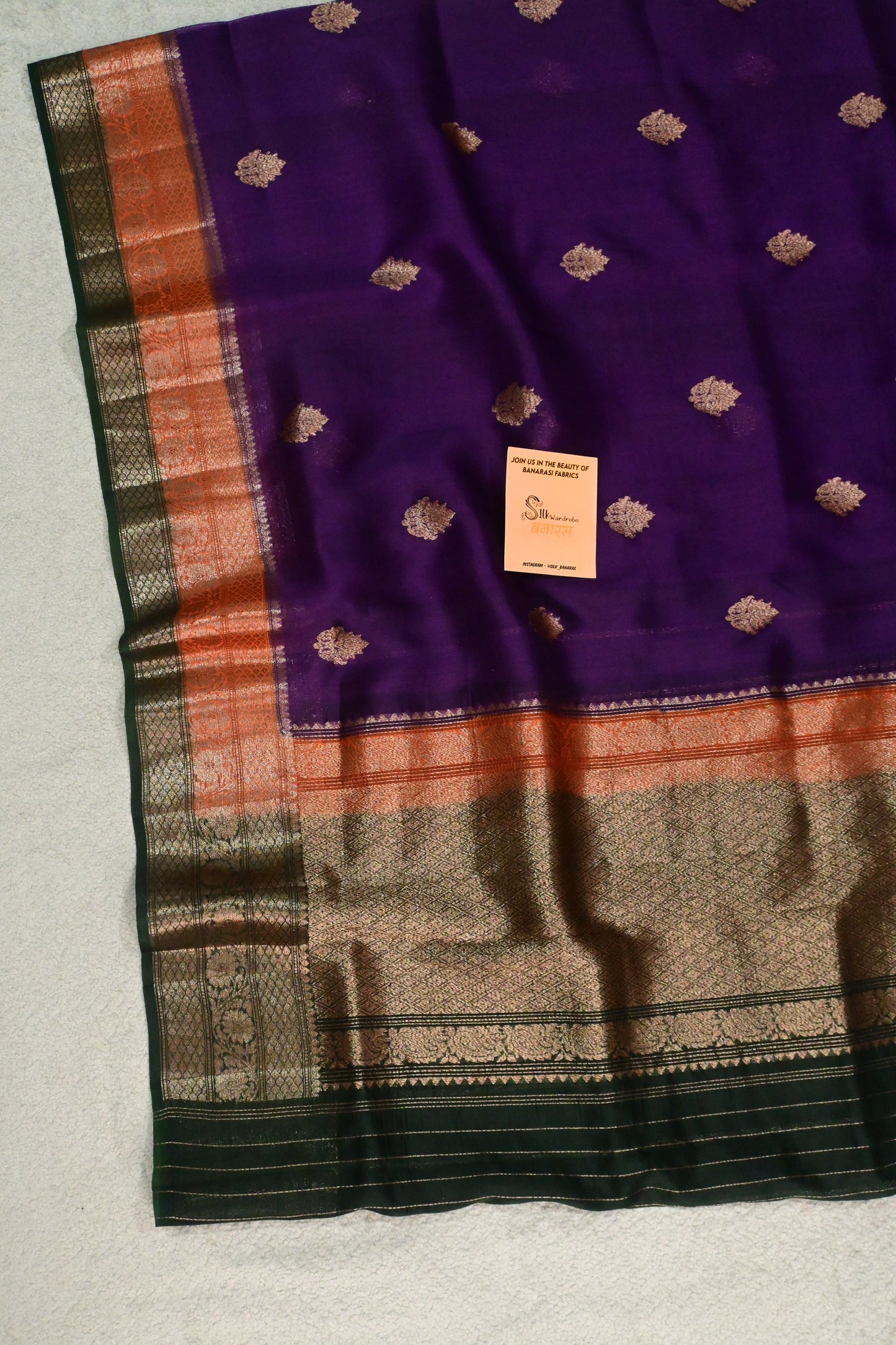 Royal Purple Pure Kora Silk Saree with Antique Zari Weave & Contrast Border
