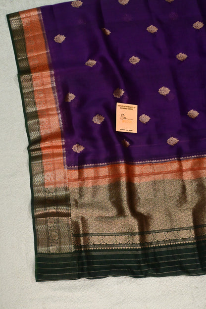 Royal Purple Pure Kora Silk Saree with Antique Zari Weave & Contrast Border