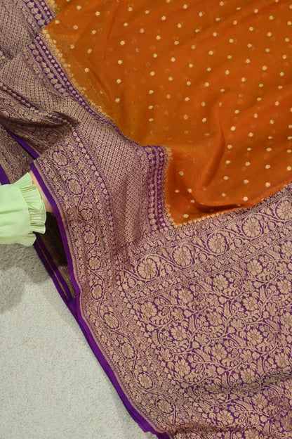 Rust & Royal Purple Handloom Khaddi Georgette Saree with Antique Zari weaving