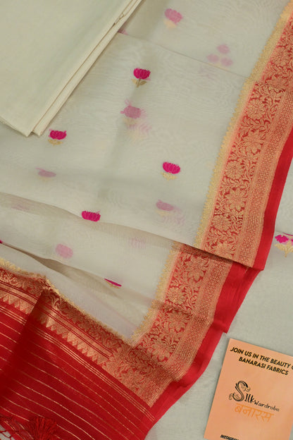 Off-White Handwoven Pure Kora Silk Suit Set with Pink Minakari Bootis & Red Zari Dupatta