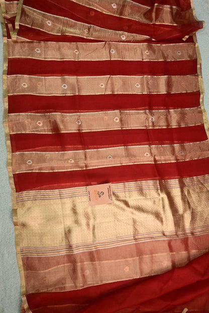 Handwoven pure Red organza tissue silk saree