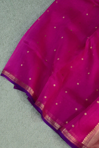 Pure Kora organza saree featuring delicate gold buttis and a contrast purple edge