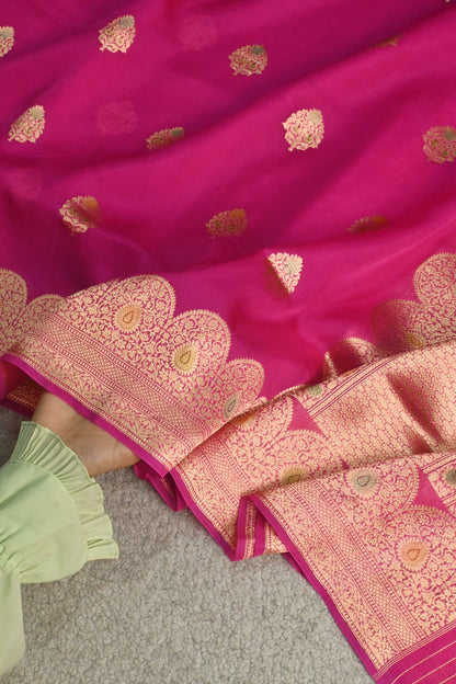 Pure Kora Silk Saree in the Pink with Gold Zari & Minakari Details