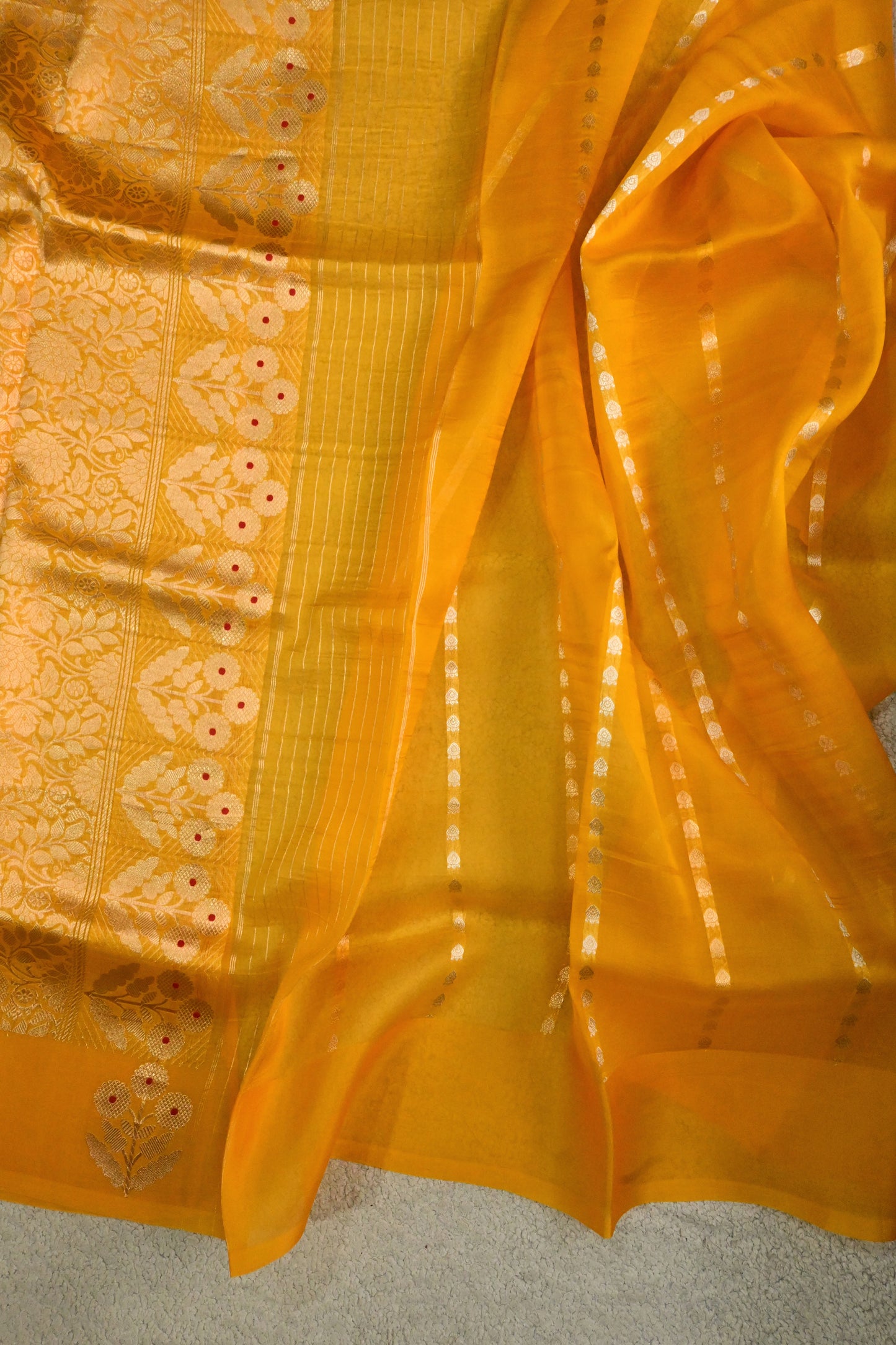 The yellow Mustard Guldasta Kora Organza Silk Saree