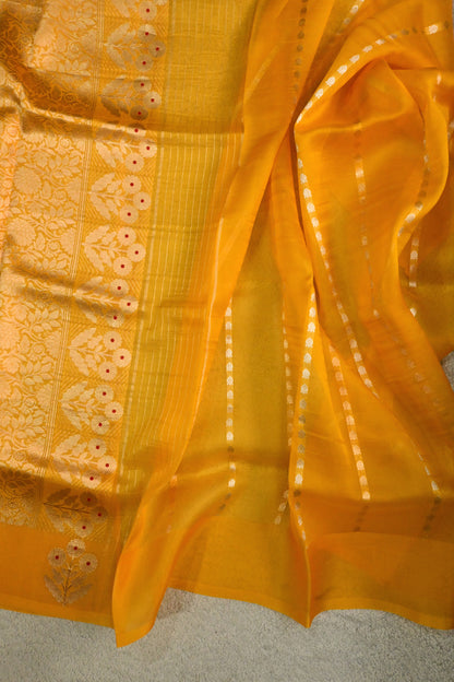 The yellow Mustard Guldasta Kora Organza Silk Saree