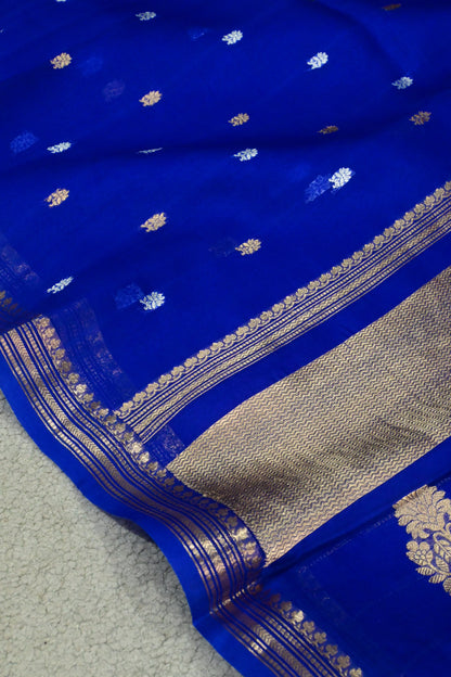 Royal Blue Handwoven Pure Kora Silk Saree with Gold & Silver Zari Butta