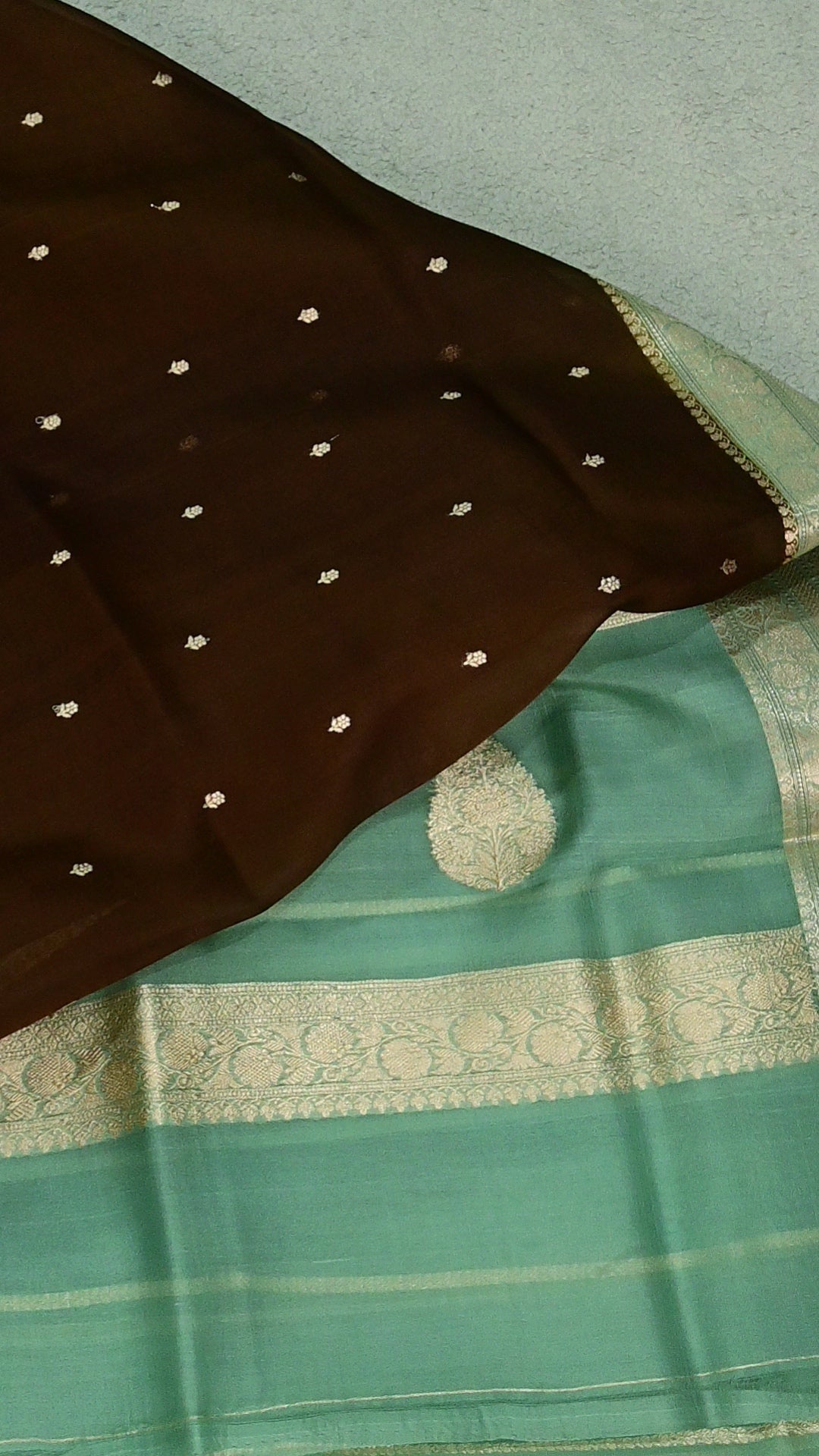 Chocolate Brown & Mint Green Handwoven Pure Kora Organza Silk Saree