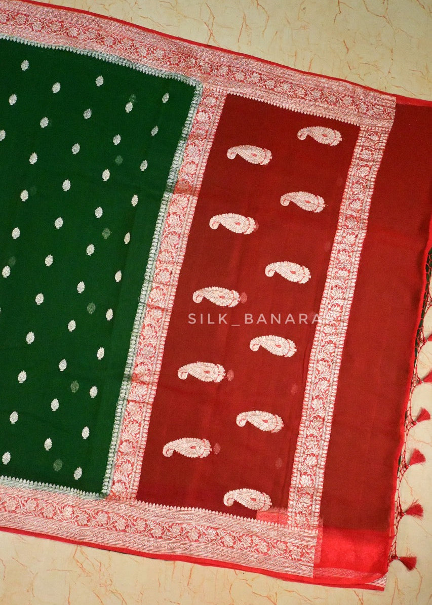 Handwoven Pure Khaddi Chiffon Saree in Bottle Green and Red