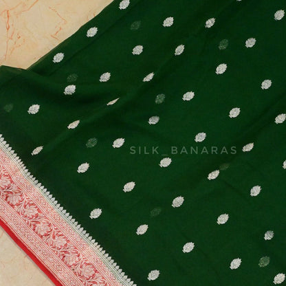 Handwoven Pure Khaddi Chiffon Saree in Bottle Green and Red
