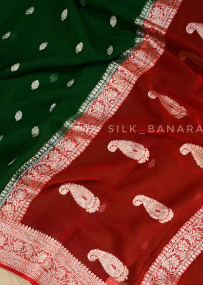 Handwoven Pure Khaddi Chiffon Saree in Bottle Green and Red