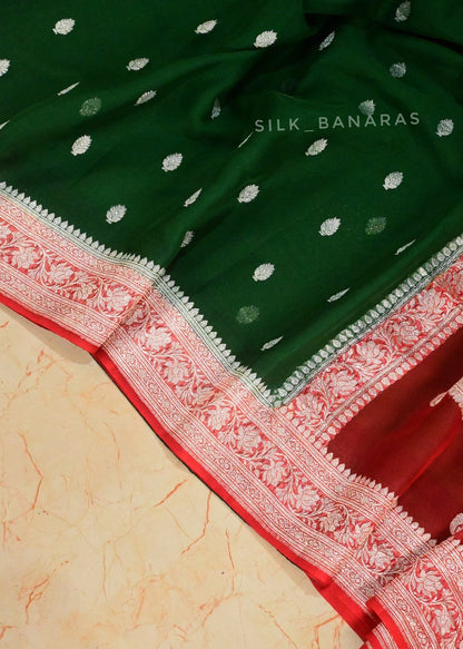 Handwoven Pure Khaddi Chiffon Saree in Bottle Green and Red