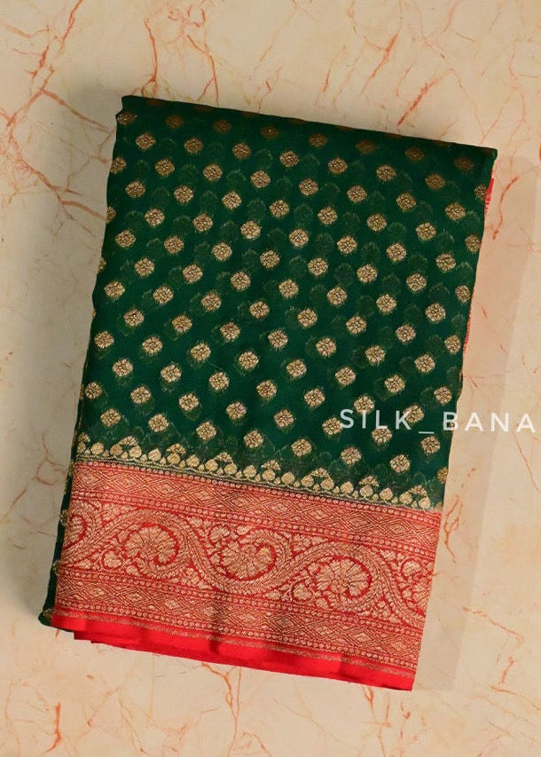 Pure Khaddi Georgette in Bottle Green and Red Combination