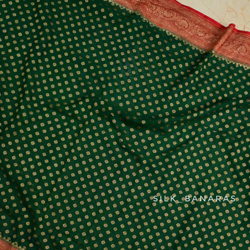 Pure Khaddi Georgette in Bottle Green and Red Combination