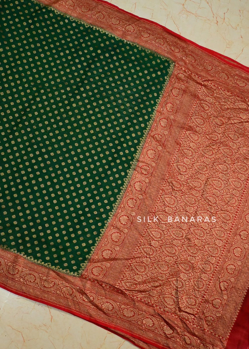 Pure Khaddi Georgette in Bottle Green and Red Combination