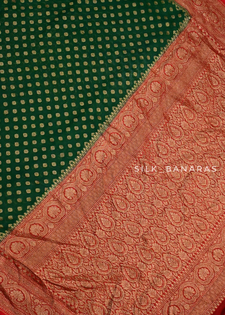 Pure Khaddi Georgette in Bottle Green and Red Combination
